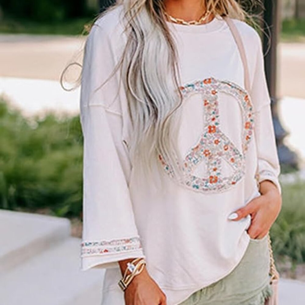 Boho Floral Print Peace Patch Color Block Top - image 2